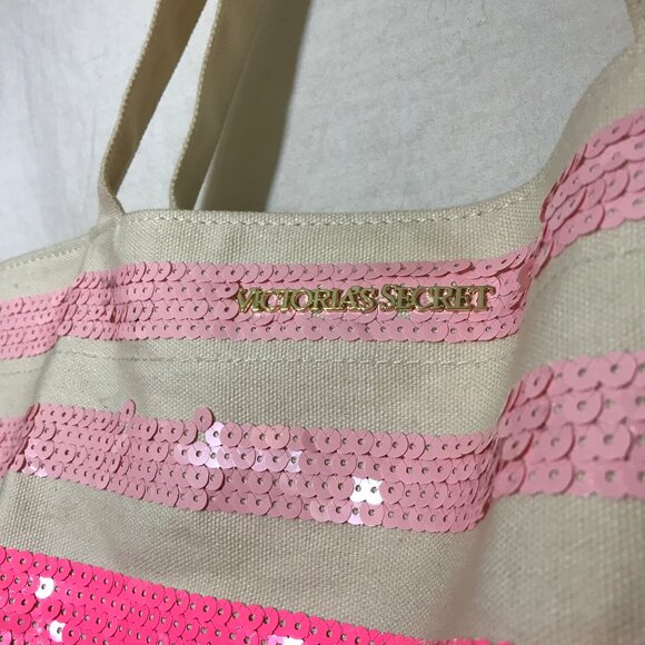 Victoria's Secret Pink & White Sequin Tote Bag 2016 Sparkly Bling Glam EUC Vacay - Picture 4 of 14
